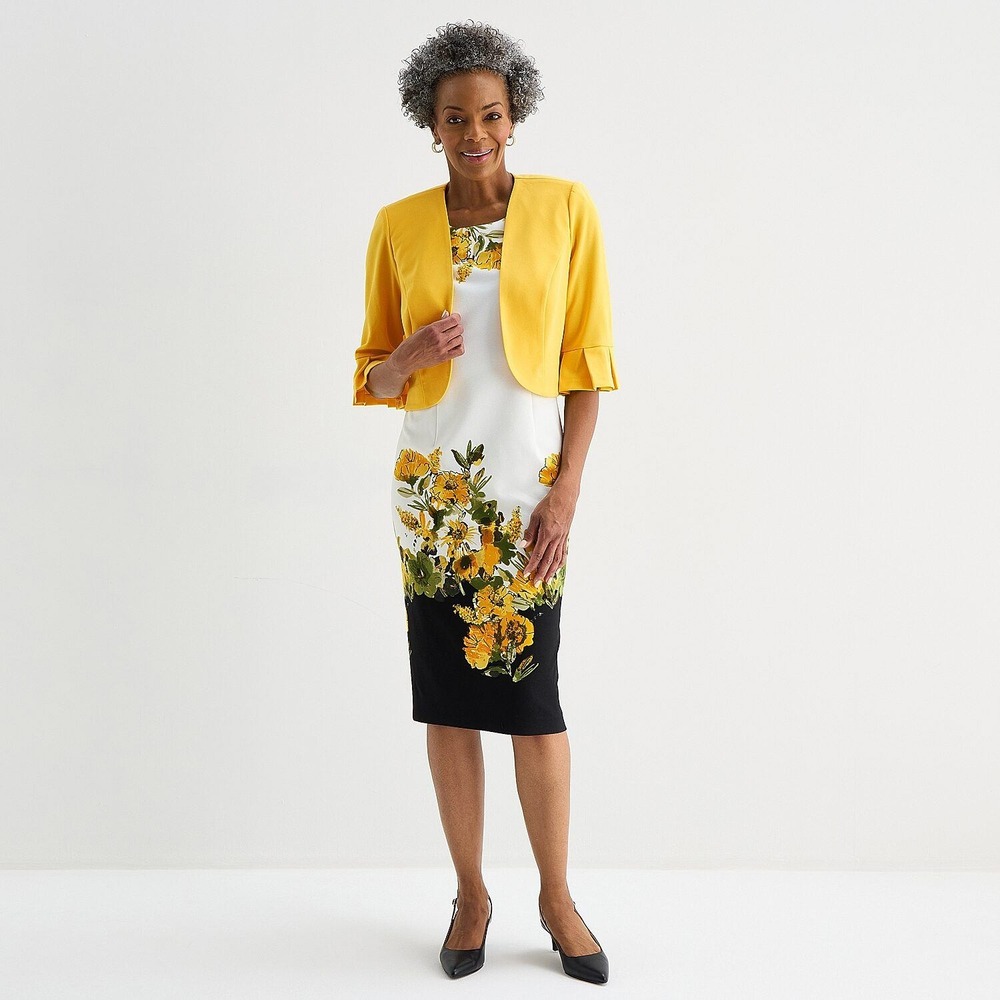 MSRP $94 Maya Brooke Women's 8 Lite Yellow White Crepe Floral Jacket Dress